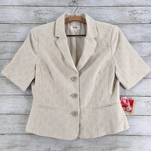 Isaac Mizrahi Blazer Womens Medium 3-Button Buff White Textured Short Sleeve NWT